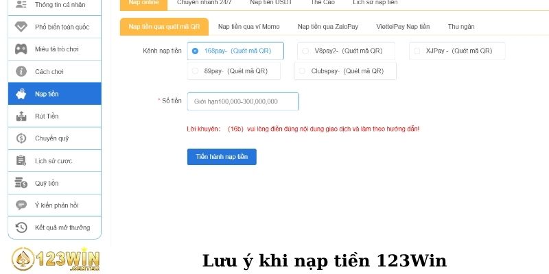 Lưu ý khi nạp tiền 123Win