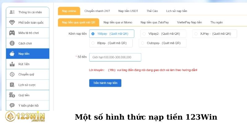 Một số hình thức nạp tiền 123Win